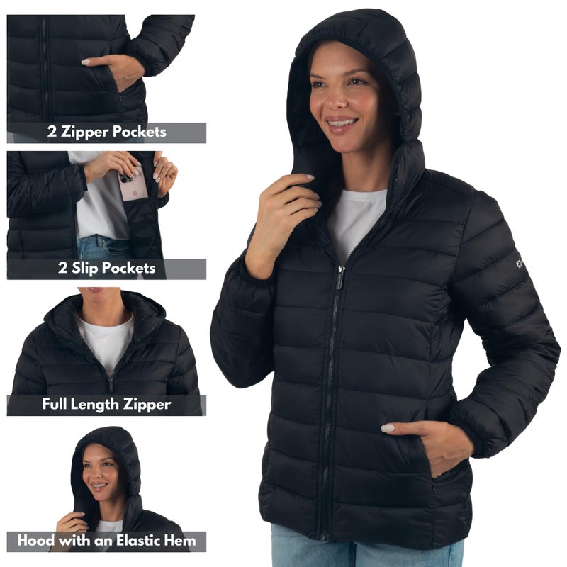 Alpine Swiss Eva Womenâ€™s Hooded Puffer Jacket | Lightweight Down Alternative Coat | Warm Water-Resistant Packable Winter Outerwear with Zip Pockets BLK M - Image 3